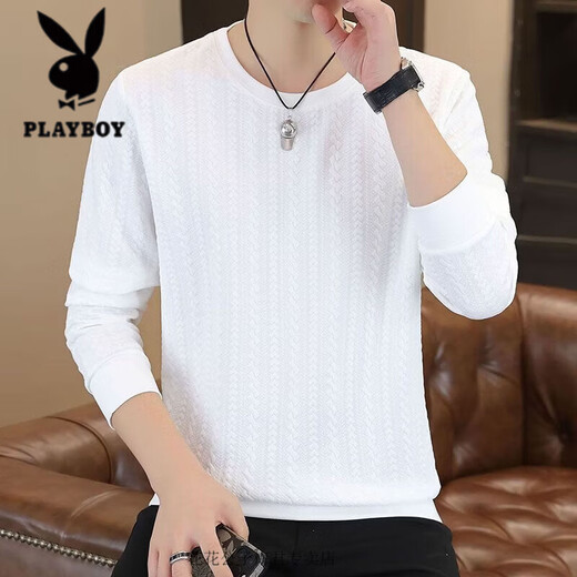 Playboy sweatshirt t-shirt for men 2026 autumn new long-sleeved bottoming shirt for men jacquard plaid casual inner wear autumn clothes F999 white M recommended 90-110Jin Jin equals 0.5 kg
