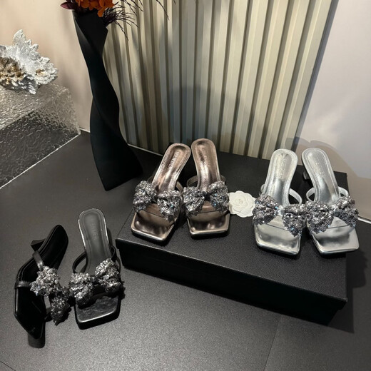 Effie Bangmei 2025 Niche Design Bow Summer New Fashion Versatile and Comfortable High Heel Sandals-5CM Black 34