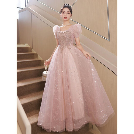 Mofu Pink Evening Dress for Women 2026 Banquet Temperament Light Luxury Niche Style French Fairy Spirit Adult Ceremony Examination Dress Pink Non-Beaded Mid-Length Style XS