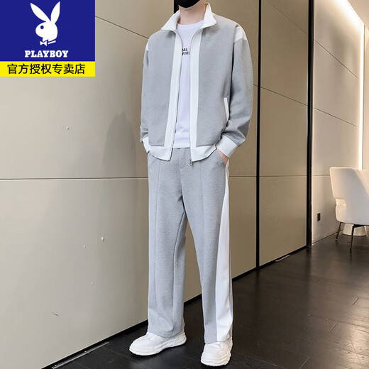 Playboy spring and autumn new color matching sports suit men's trendy fashion casual jacket sweatshirt sweatpants handsome men's clothing set gray (recommended by the store manager) L recommended 115-130Jin Jin equals 0.5 kg