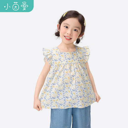 Xiaoyinman girls small flying sleeve baby doll shirt floral short-sleeved shirt 2026 summer new thin shirt blue 105