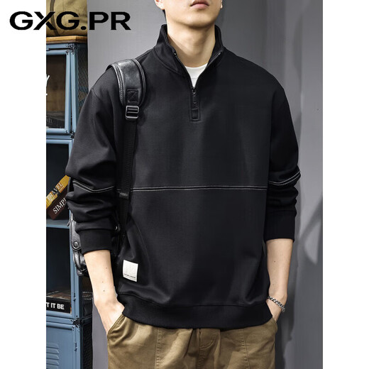 GXG.PR2026 Autumn American half-zip stand-up collar sweatshirt men's design stitching retro heavyweight loose long-sleeved POLO shirt black M suitable weight 100-120Jin Jin equals 0.5 kg