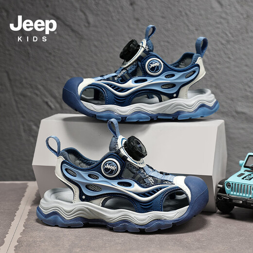 JEEP Kids Sandals 2025 Summer New Style Comfortable and Lightweight Girls Sports Sandals Rotating Button Boys Running Sandals 75210 Dark Blue Moon (Baotou Sandals) 28 / Inner length approximately 18.1cm