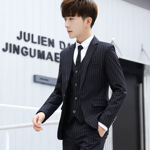 18-year-old teenager high school student adult dress suit boy suit men's suit suit three-piece suit student groom wedding jacket royal blue stripe suit + trousers shirt_tie tie belt XL31_(122-126Jin Jin equals 0.5 kg)