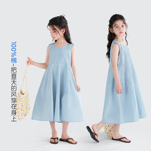 Tutu Little Elephant Girls 100% Cotton Dress Pure Cotton Tank Top Large Skirt Thin Sweet Princess Dress Blue Gray 160