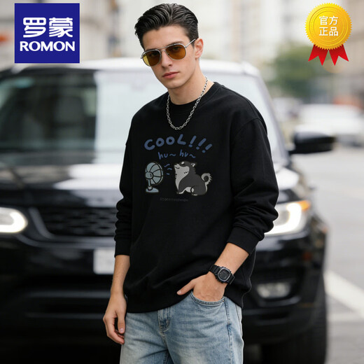 Romon American Heavyweight Round Neck Sweater Men's 2026 Spring Loose Casual Versatile Printed Top Men's Long Sleeve Jacket Black S 95-120