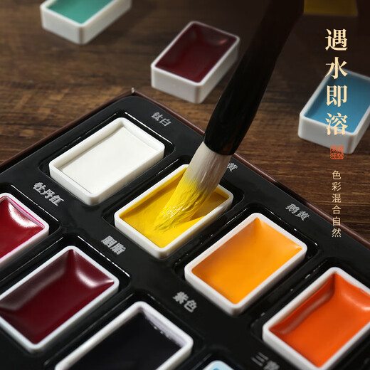 Meilin Bizhuang Chinese painting solid pigment beginner set Chinese painting ink painting mineral materials supplies tools students entry-level special brushes ancient color watercolor full set 24 colors