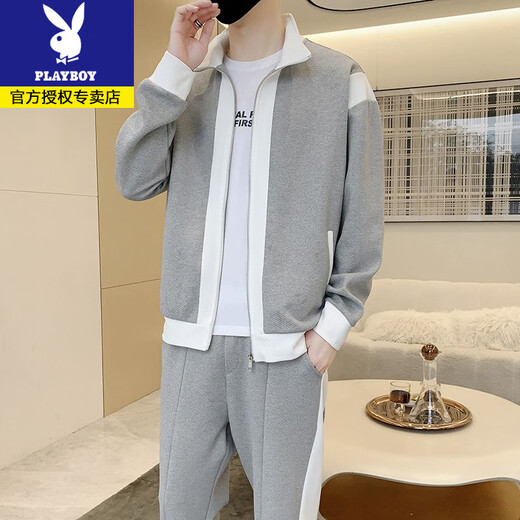 Playboy spring and autumn new color matching sports suit men's trendy fashion casual jacket sweatshirt sweatpants handsome men's clothing set gray (recommended by the store manager) L recommended 115-130Jin Jin equals 0.5 kg