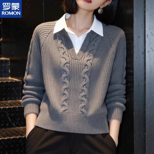 ROMON lapel bottoming shirt top spliced shirt collar sweater fake two-piece sweater for women 2026 new style loose and stylish gray M recommended 95-105Jin Jin equals 0.5 kg