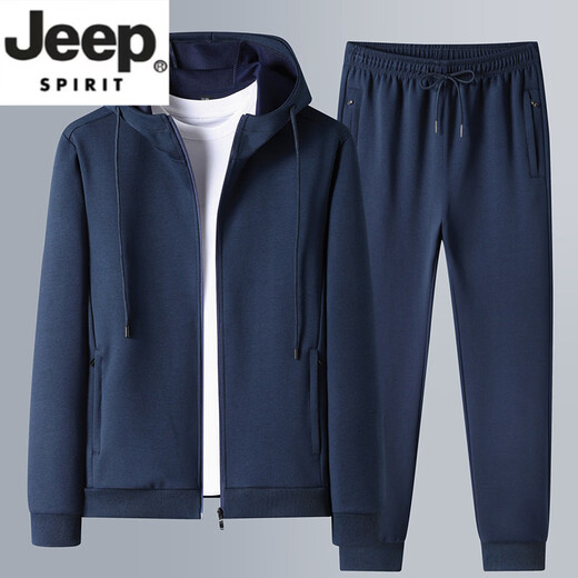 JEEP SPIRIT casual sports suit men's spring and autumn cotton middle-aged and elderly running sportswear hooded sweatshirt cardigan jacket two-piece set hooded dark blue leggings M