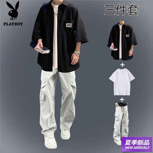 Playboy (PLAYBOY) men's 2026 suit handsome wear summer cool and handsome summer thin new trendy men's clothing boys students teenagers C91 white + light gray overalls + short-sleeved white L 100-115Jin Jin equals 0.5 kg