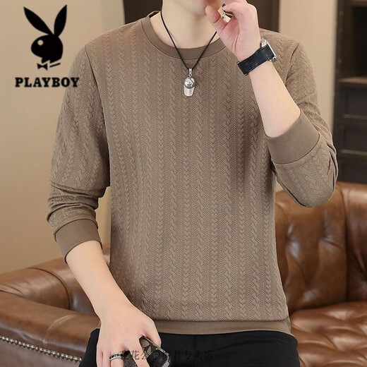 Playboy sweatshirt t-shirt for men 2026 autumn new long-sleeved bottoming shirt for men jacquard plaid casual inner wear autumn clothes F999 white M recommended 90-110Jin Jin equals 0.5 kg