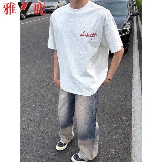 Yalu heavy letter embroidered short-sleeved men's T-shirt summer new pure cotton bottoming shirt simple loose half-sleeved clothes 8043 white gray high quality XL 120-140Jin Jin equals 0.5 kg