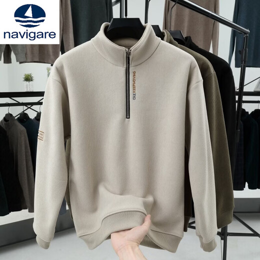 Navigare heavyweight 2025 new winter velvet thickened men's sweatshirt half turtleneck zipper stand collar warm outer base layer military green M 90-115Jin Jin equals 0.5 kg