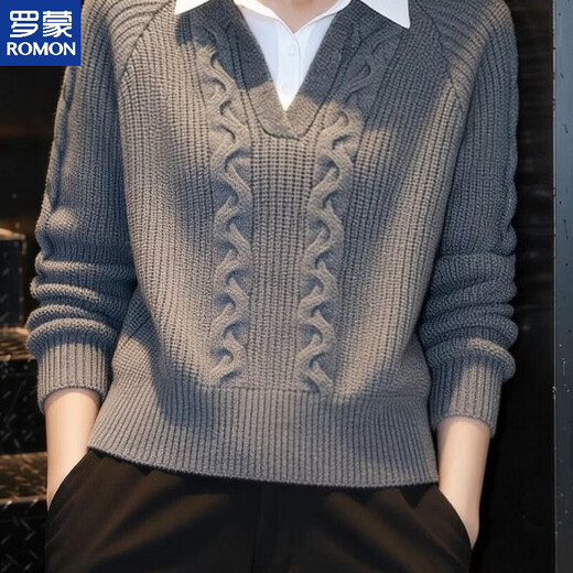 ROMON lapel bottoming shirt top spliced shirt collar sweater fake two-piece sweater for women 2026 new style loose and stylish gray M recommended 95-105Jin Jin equals 0.5 kg