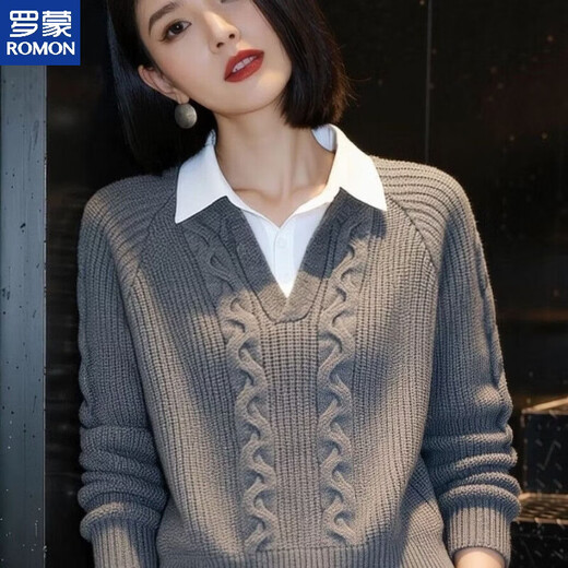 ROMON lapel bottoming shirt top spliced shirt collar sweater fake two-piece sweater for women 2026 new style loose and stylish gray M recommended 95-105Jin Jin equals 0.5 kg