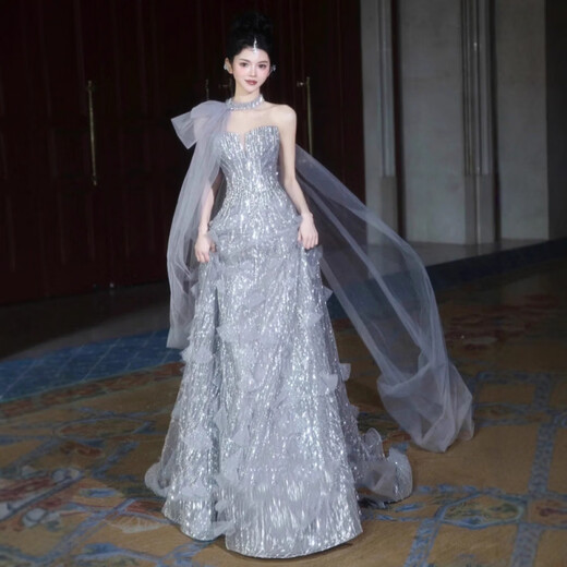 Mofu Banquet Evening Dress 2026 Light Luxury Heavy Industry Silver Sequin Host Performance Costume Birthday Adult Ceremony Dress Long XS