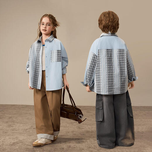 ASK JUNIOR children's long-sleeved shirt 2026 spring medium and large children's lapel contrast coat boys fashion contrast shirt blue 110
