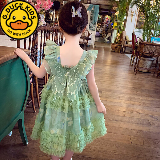 G.duck Girls Dress Summer 2026 New Children's Internet Celebrity Bow Suspender Skirt Girls Puffy Mesh Princess Skirt Green 120 cm