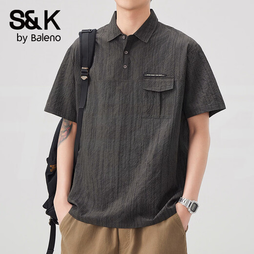 Baleno (Baleno) S&K series trendy brand short-sleeved polo shirt boys short-sleeved 2026 summer new arrival lapel trendy striped dyed T-shirt dark gray 3XL