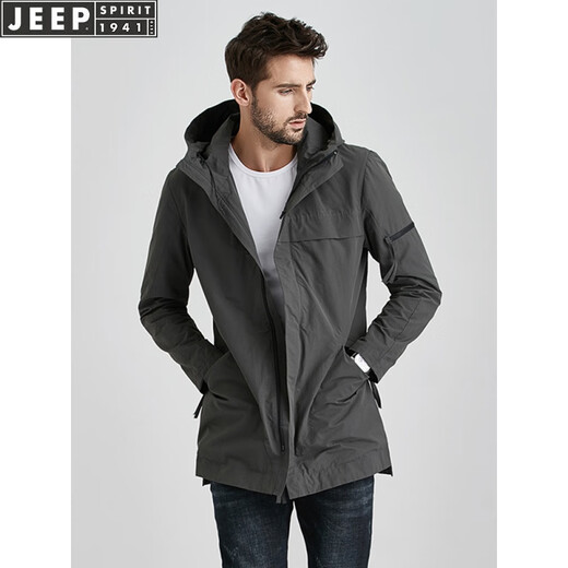 JEEP风衣男士中长款连帽春秋季工装韩版潮流休闲春秋外套 灰色 XL