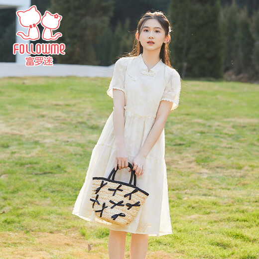 Fuluomi girls skirt summer new new Chinese style improved dress girl sweet American style princess skirt beige 160