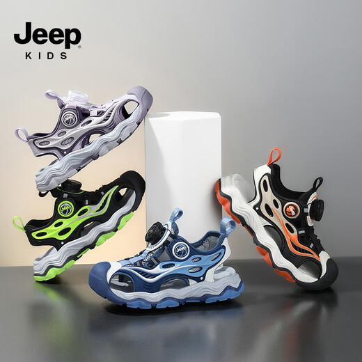 JEEP Kids Sandals 2025 Summer New Style Comfortable and Lightweight Girls Sports Sandals Rotating Button Boys Running Sandals 75210 Dark Blue Moon (Baotou Sandals) 28 / Inner length approximately 18.1cm