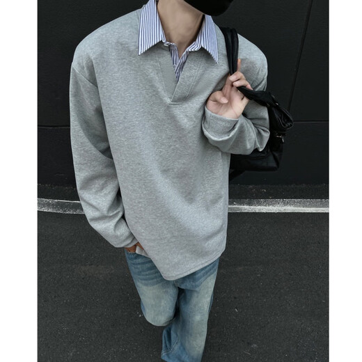 Pocket Henry collar sweatshirt for men in spring and autumn, new style, American trendy brand, simple casual inner layer, loose and handsome top, black XL