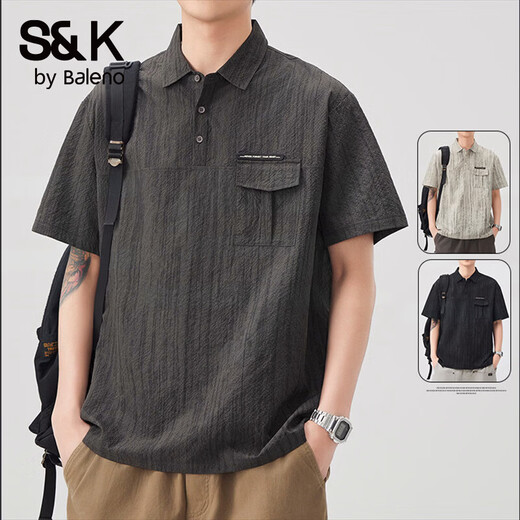 Baleno (Baleno) S&K series trendy brand short-sleeved polo shirt boys short-sleeved 2026 summer new arrival lapel trendy striped dyed T-shirt dark gray 3XL
