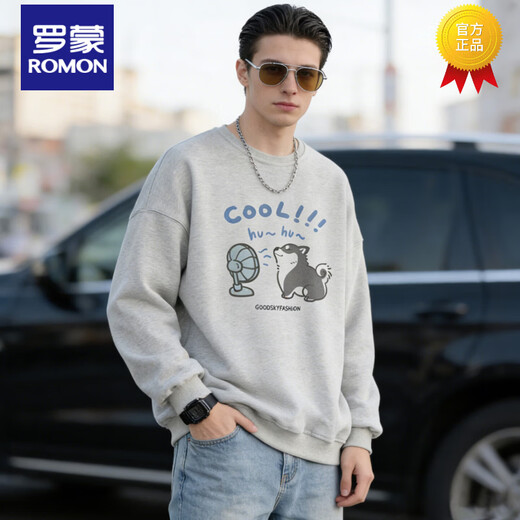 Romon American Heavyweight Round Neck Sweater Men's 2026 Spring Loose Casual Versatile Printed Top Men's Long Sleeve Jacket Black S 95-120