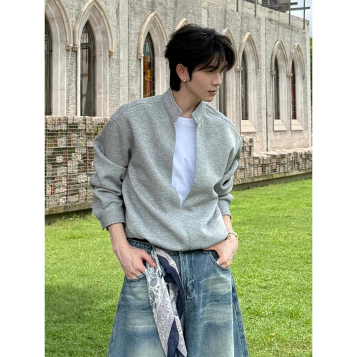 DEREJERINE fake two-piece layered stand-up collar sweatshirt men's autumn American heavyweight v-neck top cleanfit shoulder jacket dark gray L 110-130Jin Jin equals 0.5 kg