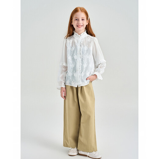 Montagut girls' spring and autumn loose long-sleeved shirt, medium and large children's skin-friendly breathable French jacquard embroidery front ruffle top