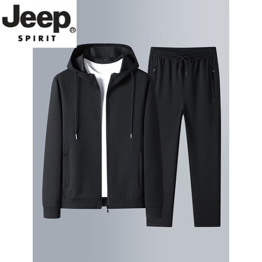 JEEP SPIRIT casual sports suit men's spring and autumn cotton middle-aged and elderly running sportswear hooded sweatshirt cardigan jacket two-piece set hooded dark blue leggings M
