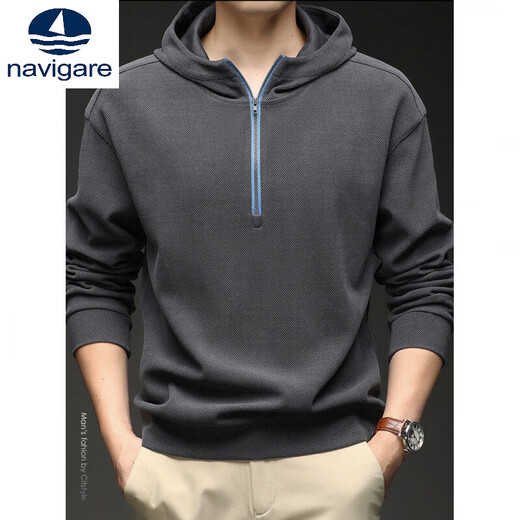 Navigare small sailboat casual style hooded sweatshirt men's half-zip long-sleeved loose trendy men's clothing apricot L 175/88A