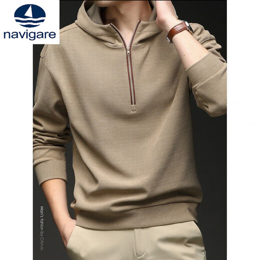 Navigare small sailboat casual style hooded sweatshirt men's half-zip long-sleeved loose trendy men's clothing apricot L 175/88A