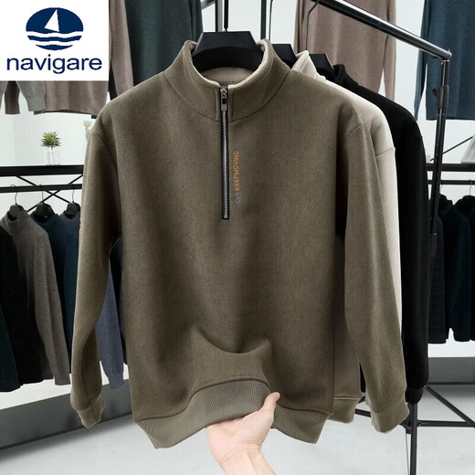 Navigare heavyweight 2025 new winter velvet thickened men's sweatshirt half turtleneck zipper stand collar warm outer base layer military green M 90-115Jin Jin equals 0.5 kg
