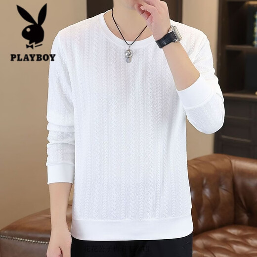 Playboy sweatshirt t-shirt for men 2026 autumn new long-sleeved bottoming shirt for men jacquard plaid casual inner wear autumn clothes F999 white M recommended 90-110Jin Jin equals 0.5 kg