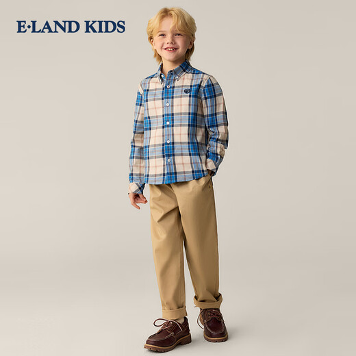 E LAND KIDS pedophile boys' shirt 26 spring new British style embroidered lapel plaid top Beige beige/35 170