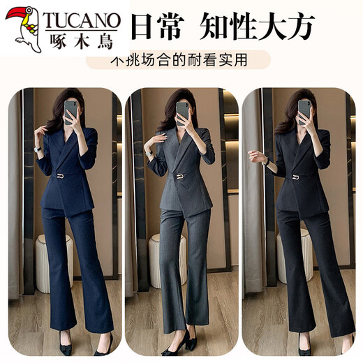 Woodpecker high-end professional suit suit for women, spring and autumn temperament, goddess style hotel manager front desk work clothes, beauty salon work clothes, black (suit + pants) 3XL
