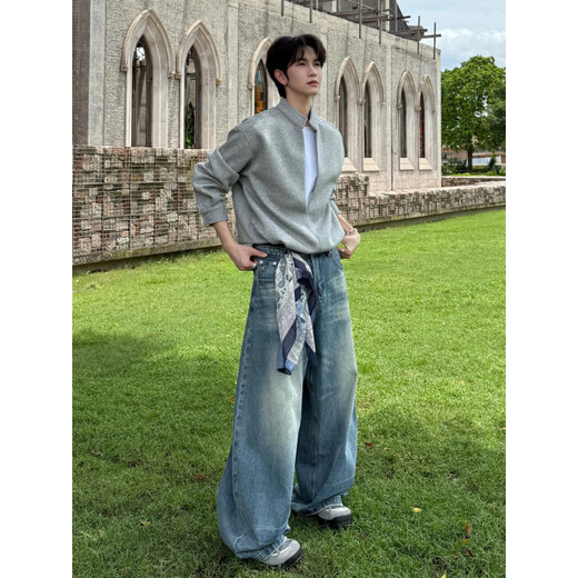 DEREJERINE fake two-piece layered stand-up collar sweatshirt men's autumn American heavyweight v-neck top cleanfit shoulder jacket dark gray L 110-130Jin Jin equals 0.5 kg