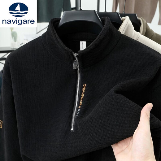 Navigare heavyweight 2025 new winter velvet thickened men's sweatshirt half turtleneck zipper stand collar warm outer base layer military green M 90-115Jin Jin equals 0.5 kg