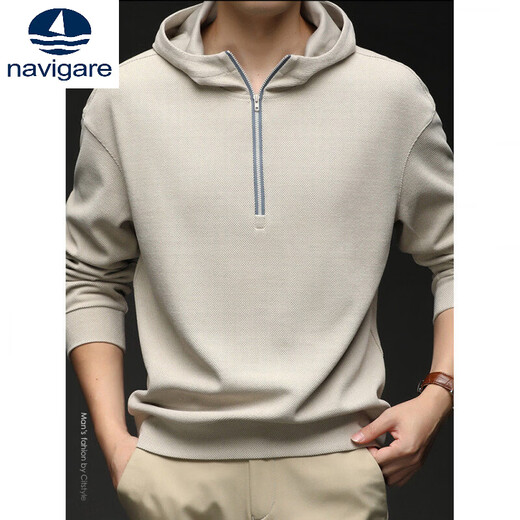 Navigare small sailboat casual style hooded sweatshirt men's half-zip long-sleeved loose trendy men's clothing apricot L 175/88A
