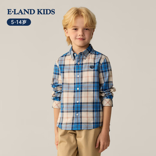 E LAND KIDS pedophile boys' shirt 26 spring new British style embroidered lapel plaid top Beige beige/35 170