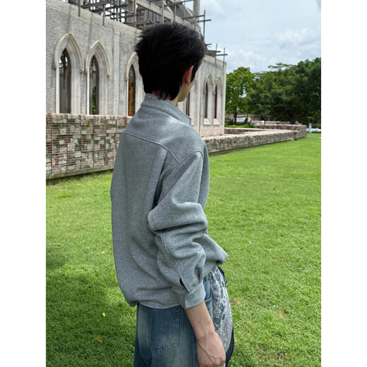 DEREJERINE fake two-piece layered stand-up collar sweatshirt men's autumn American heavyweight v-neck top cleanfit shoulder jacket dark gray L 110-130Jin Jin equals 0.5 kg