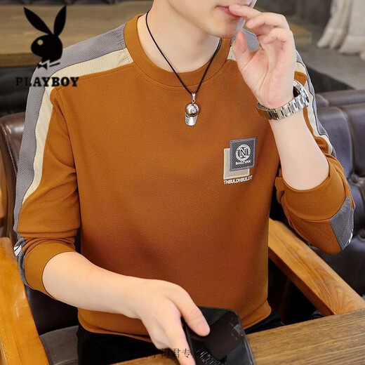 Playboy high-quality sweatshirt for men in spring and autumn casual loose embroidered bottoming shirt clothes trendy versatile long-sleeved T-shirt clothes 606 Khaki + 606 Orange M 80-100Jin Jin equals 0.5 kg