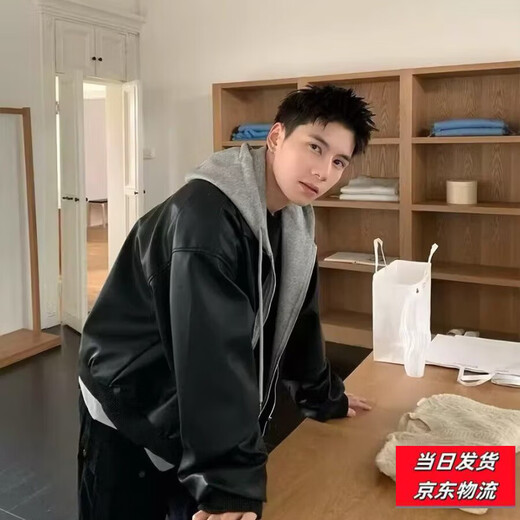 JD Logistics Spring Brown Hooded Fake Two-piece Jacket Men's PU Leather Jacket Old Money Style Couple's Top Fashion Black High Quality Finale XL