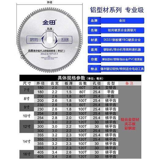 Jintian aluminum saw blade aluminum alloy 120 tooth circular saw blade grade 10 inch 255 cutting blade 7 inch aluminum saw machine 355 12 inch 300x3.0x100 teeth x30