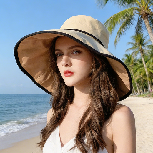 Red Dragonfly (RED DRAGONFLY) Hat Women's Summer Korean Style Sun Protection Sun Hat Seaside Travel Anti-UV Fashion Face Covering Beach Travel Hat Reversible Beige + Yellow