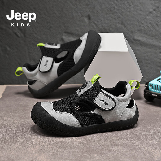 JEEP Girls Sandals 2025 Summer New Style Comfortable and Lightweight Children's River Tracing Sandals Convenient Velcro Boys' Shoes 61183 Black Silver 27 / Inner Length About 17.3cm