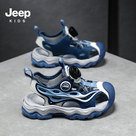 JEEP Kids Sandals 2025 Summer New Style Comfortable and Lightweight Girls Sports Sandals Rotating Button Boys Running Sandals 75210 Dark Blue Moon (Baotou Sandals) 28 / Inner length approximately 18.1cm